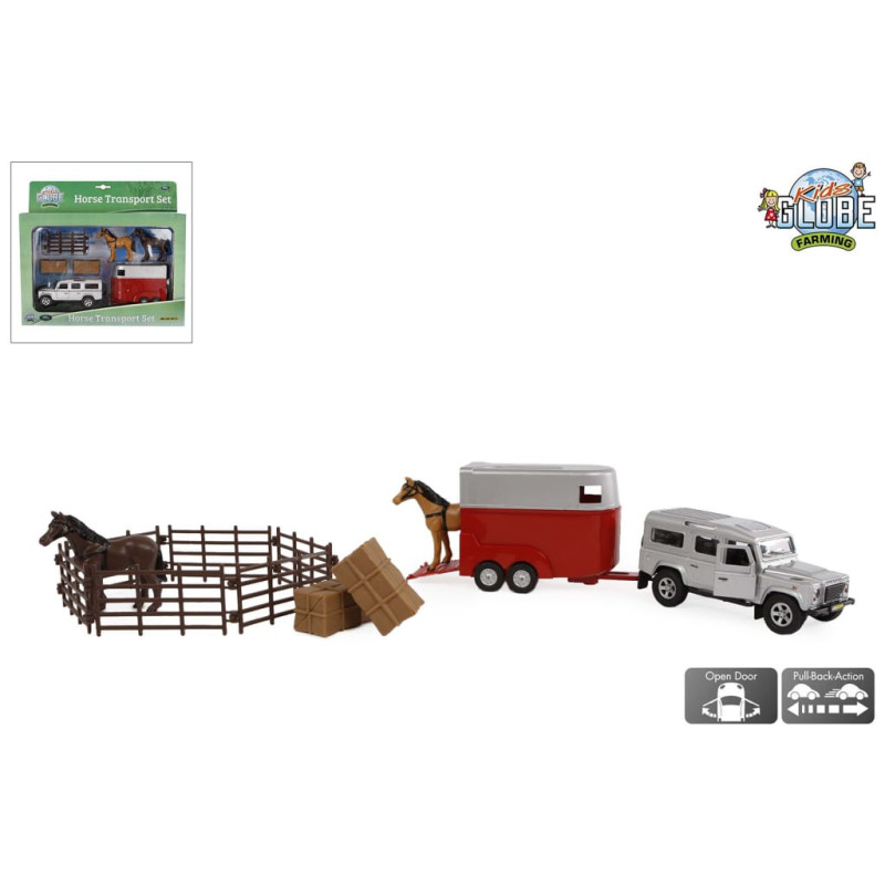 Kids Globe Pull-Back Land Rover mit Pferdeanhänger und Zubehör 26 cm  